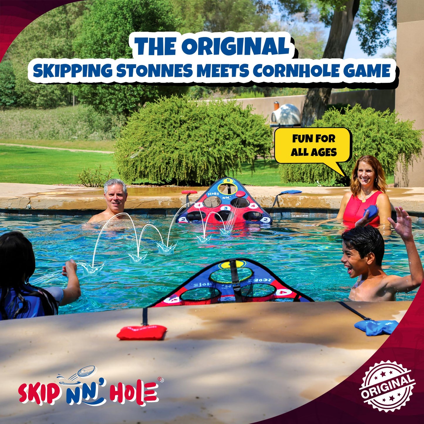 SKIP NN' HOLE Original Fun Stonne Skipping Meets Pool Cornhole Game Floating | for All Ages | Fun Swimming Pool Game for Adults and Family | Easy Setup, Durable, Portable Water and Lake Toy |