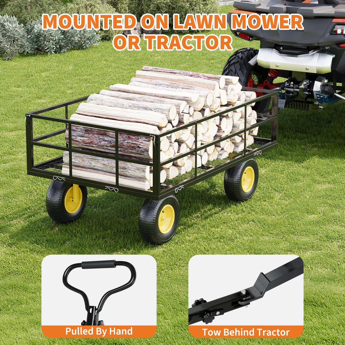 3-in-1 Heavy-Duty Steel Garden Cart, 1200 Lbs Garden Wagon, with 13 Inch All-Terrain Tires and Removable Mesh Side Panels, 180° Rotating Handle, Metal Utility Yard Trailer, Outdoor Gardens Wagon Cart
