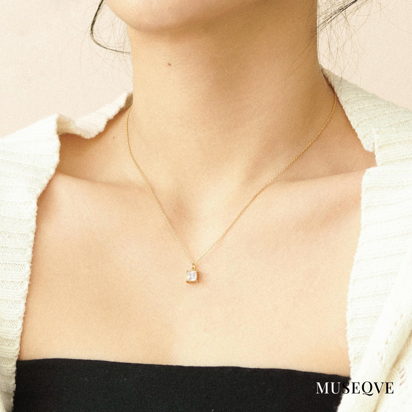 14K Gold Plated CZ Solitaire Necklace for Women • Princess Cut Square Rectangle Rhombus Cubic Zirconia Diamond Pendant Jewelry • Tarnish Free Adjustable Chain [CZN] (Rose Gift Box, Princess-Gold)
