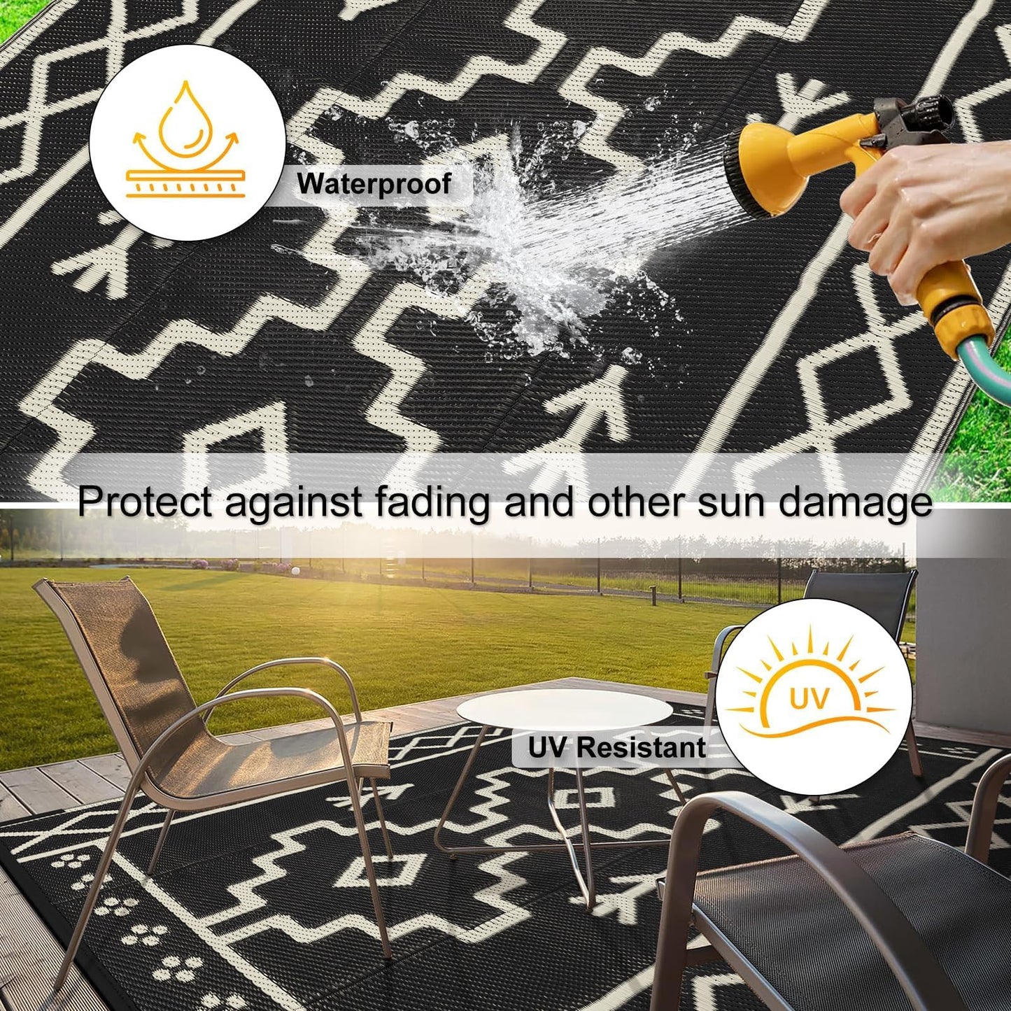 Uphome Outdoor Rugs 8x10 Waterproof, Reversible Black Boho RV Camping Rug, Patio Plastic Straw Outside Rug, Large Foldable Outdoor Mat Carpet for Backyard Deck Pool Balcony Picnic Beach, 8'x10'