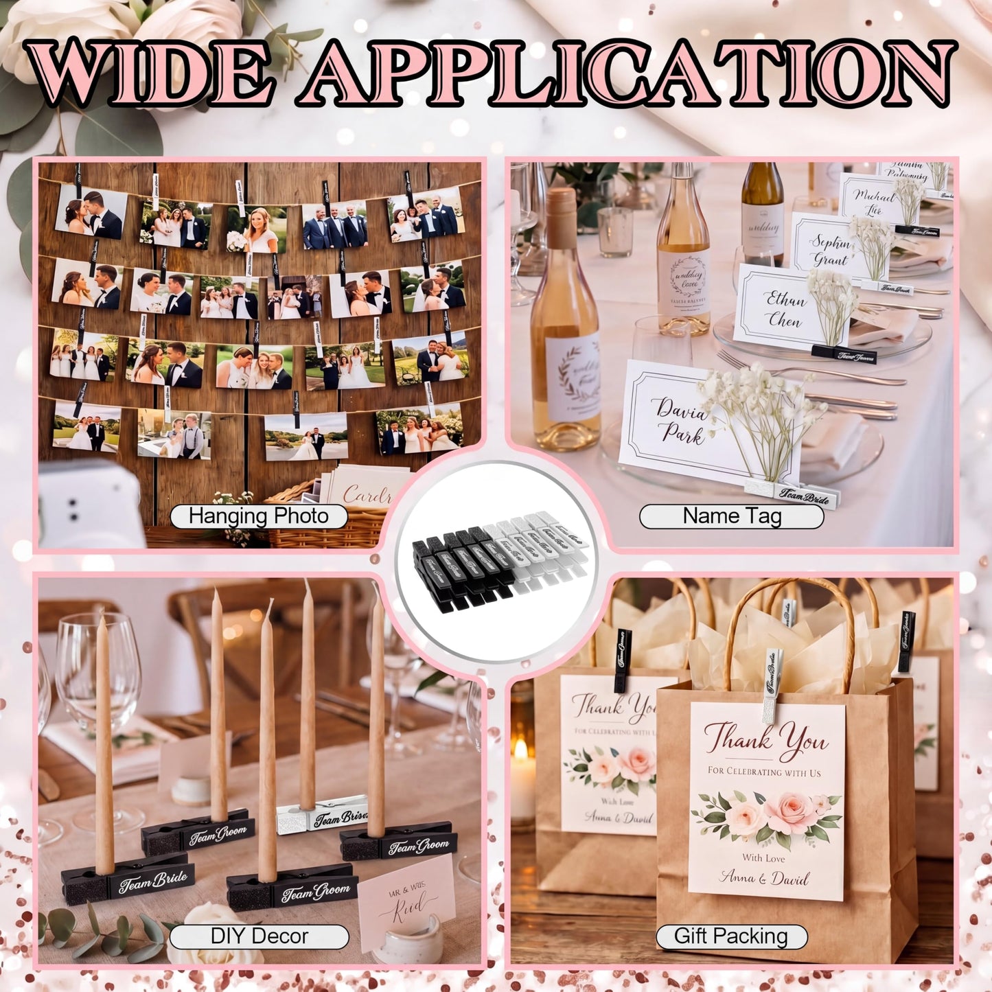Tinlade 30 Pcs Wedding Game Party Favor Team Bride & Groom Set Glitter Black White Clothes Pins for Guest Wedding Wall Hanging Picture Clip Decor for Bridal Shower Bachelorette Send off Party Supplies