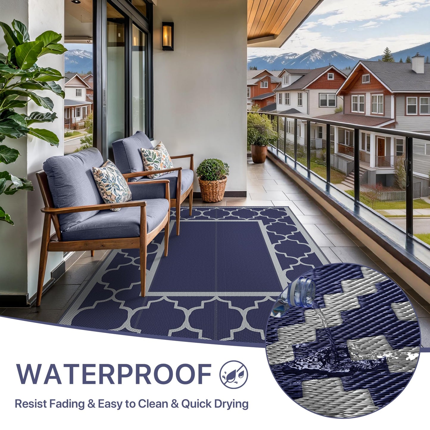 GENIMO 4 ' x 6 ' Outdoor Rug for Patio Clearance, Waterproof Indoor Outdoor Plastic Straw Rugs Carpet, Reversible Outside Area Rv Mat for Camping, Balcony Porch, Deck, Picnic, Beach (Blue & Gray)