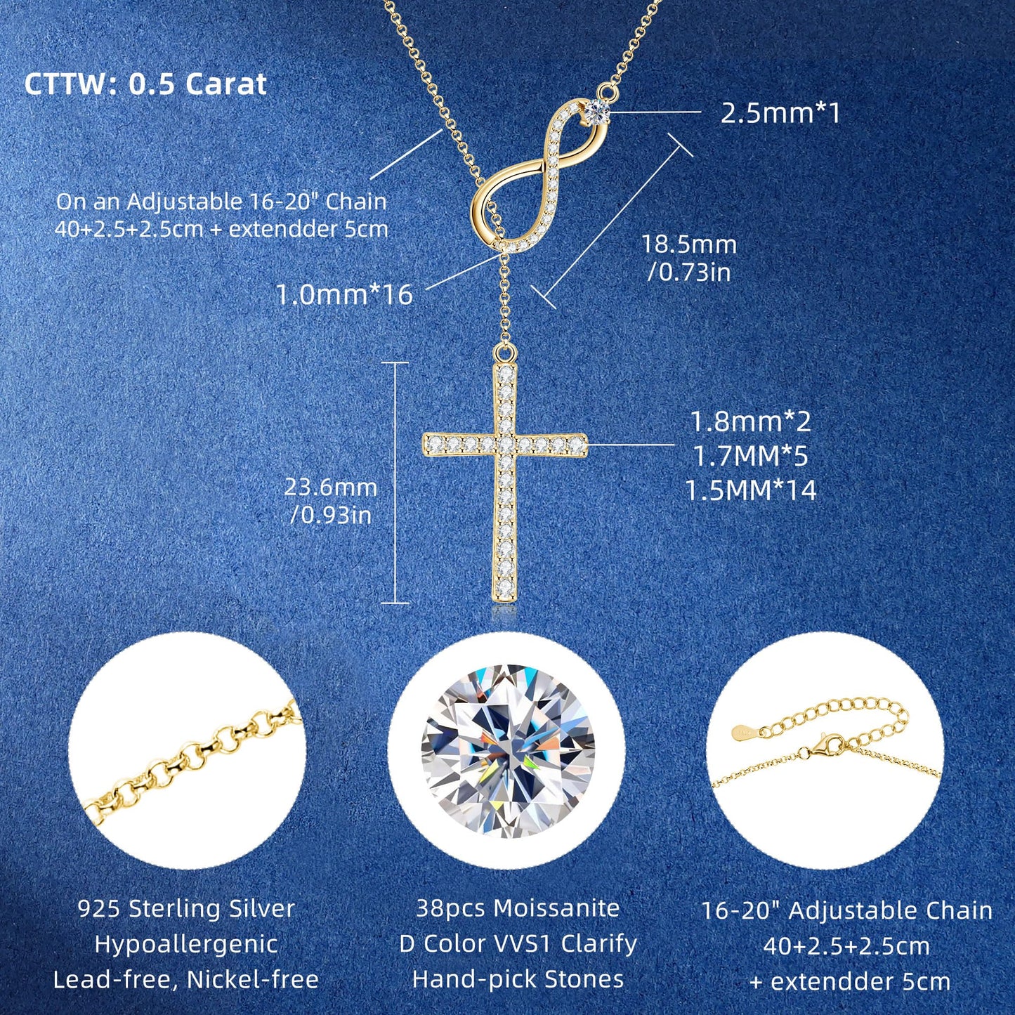 Moissanite Cross Lariat Necklace for Women Infinity Loop Cross Necklace 925 Sterling Silver Trendy Dainty Long Y Shape V-neck Necklace Jewelry Gifts for Wife, Girlfriend, Mom, Birthday, Anniversary Present