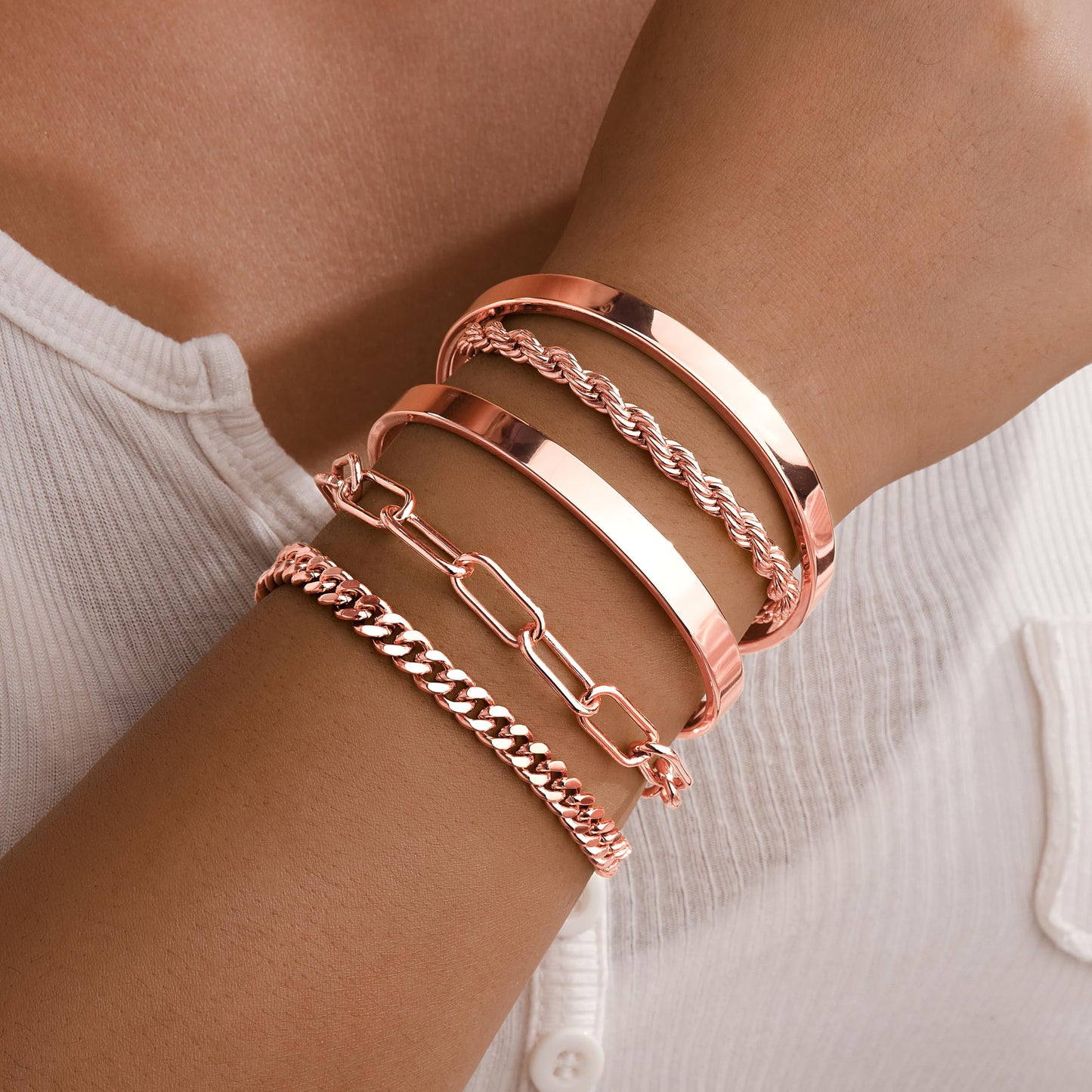 Gokeey Chunky Rose Gold Bracelets for Womenc Trendy, Rose Gold Cuff Bracelet Non Tarnish Rope Cable Paperclip Cuban Link Chain Bangle Bracelet Set Jewelry