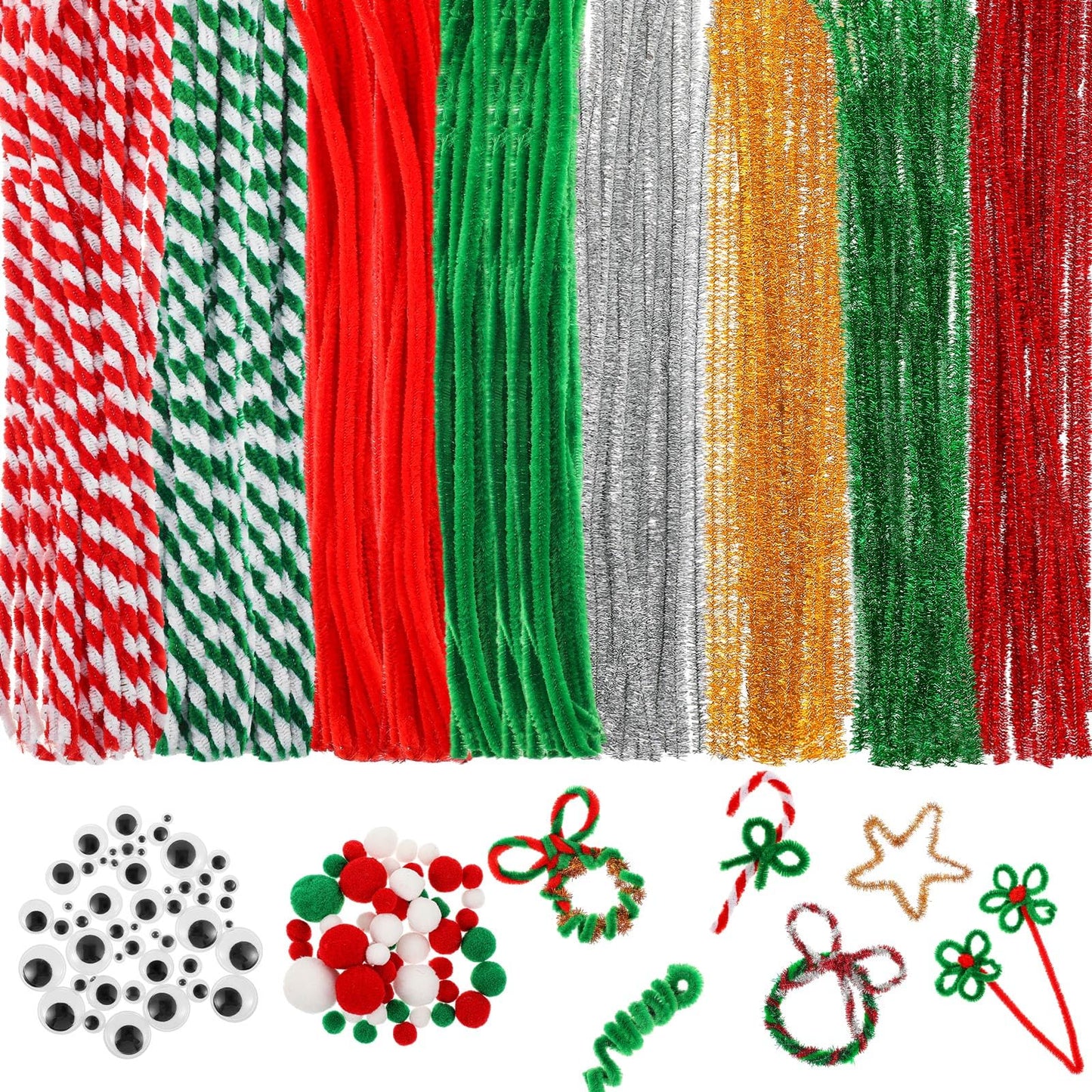 Juexica 300 Pcs Christmas Pipe Cleaners Craft Set Including Glitter Chenille Stems Poms Self Adhesive Wiggle Googly Eyes Creative Arts Chenille Stems for Christmas Decoration DIY Art Craft (Assorted)