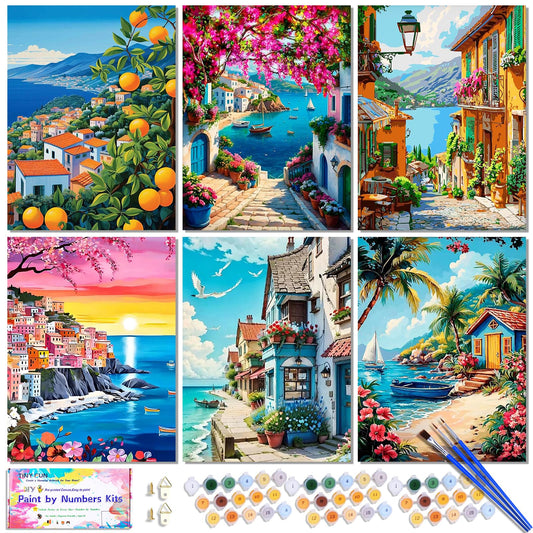 6 Pack DIY Paint by Number Kit for Adults - Mediterranean Coastal Scenery Oil Painting Set, 12x16 Inch Canvas (No Frame), 18 Vivid Acrylic Paints - Stress Relief Art Craft for Home Decor & Gifts