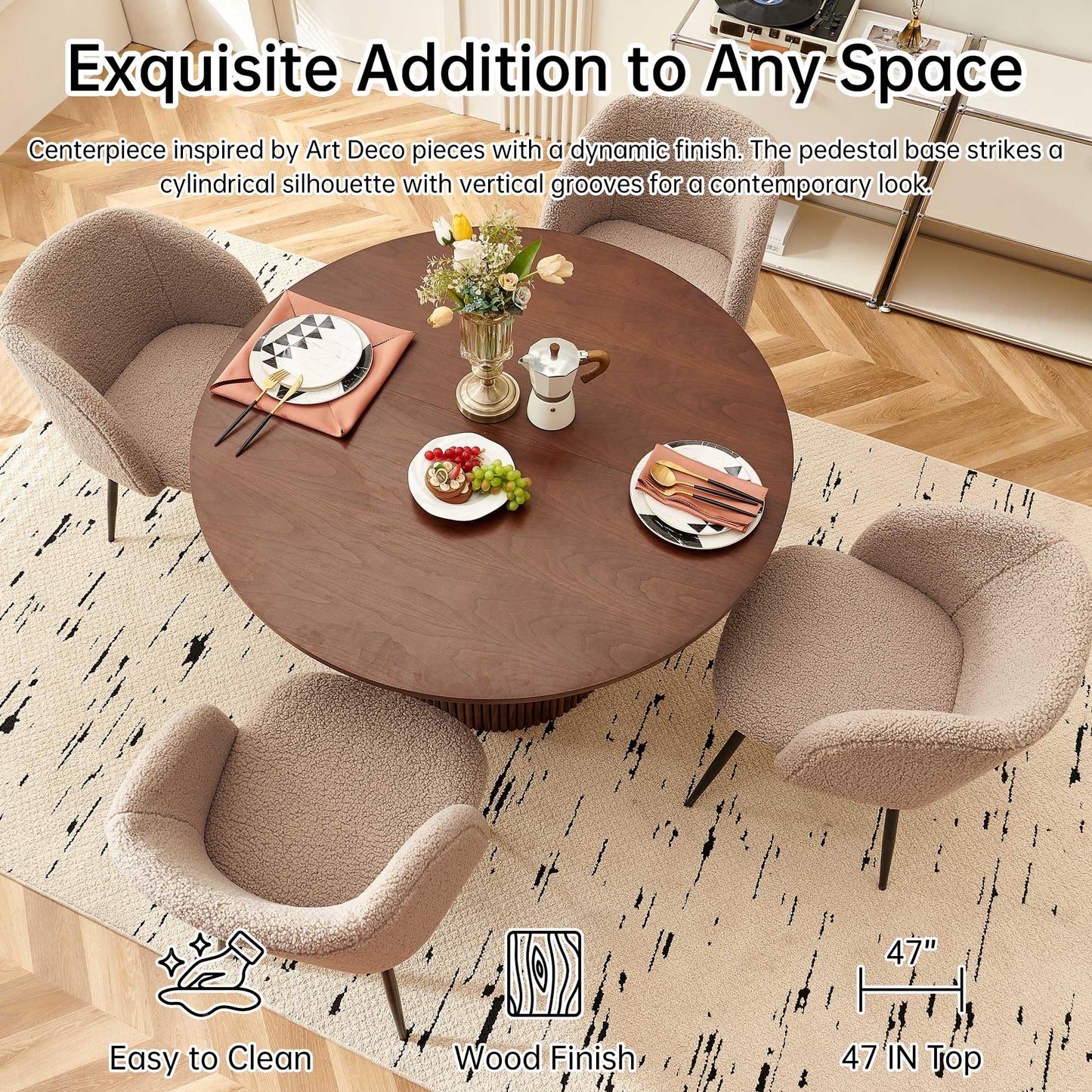 NORDICANA 5-Piece Wooden Round Dining Room Table and Chair Set, 47-Inch Kitchen Table with Barrel Chairs for 4, Brown Upholstered Sherpa Dining Set, MDF Core with Walnut Finish
