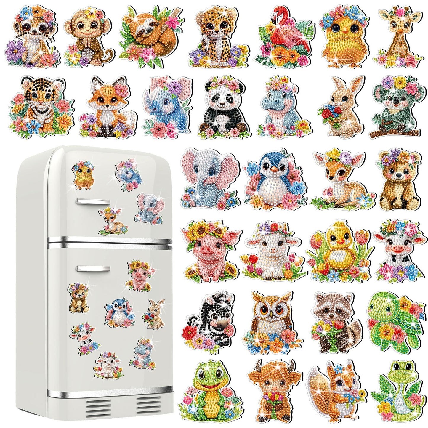 Xuhal 30 Pcs Spring Animal Diamond Painting Magnets Watercolor Flower Animal Diamond Art Magnet Kits for Adults 5D Rhinestone Elephant Tiger Refrigerator Magnetic Sticker for DIY Crafts Fridge Gifts