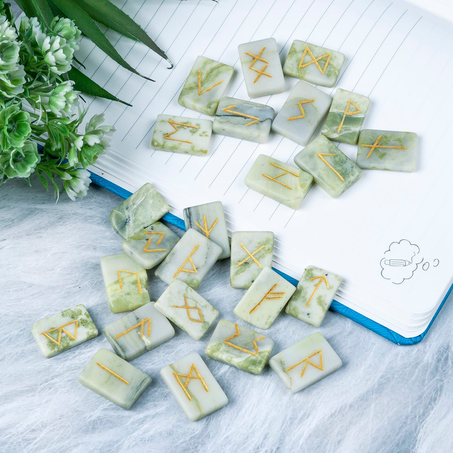 Crocon Serpentine Rectangle Shape Gemstone Runes with Elder Futhark Alphabet Engraved 25 pcs Rune Set Crystal Divination Metaphysical Healing Chakra Reiki Runes Set with a Pouch Size : 20-25mm