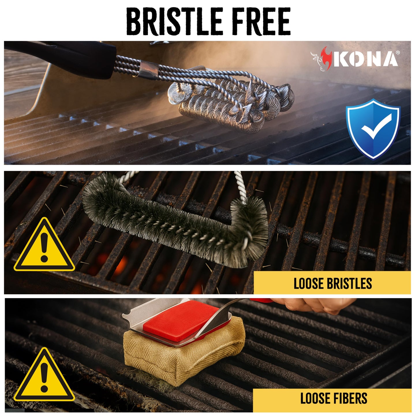 Kona Safe/Clean Grill Brush - Bristle Free BBQ Grill Brush for Outdoor Grill- 100% Rust Resistant Stainless Steel Barbecue Grill Cleaner - Safe for Porcelain, Ceramic, Steel, Cast Iron, Grilling Gift