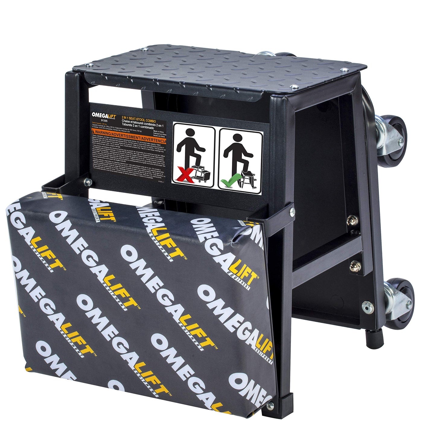 Omega Lift 91305 2-in-1 Mechanics Creeper Seat/Step Stool, 7.88'' Height, 17.72'' Width, 15.75'' Length, Black