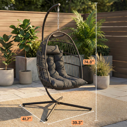 SereneLife Hanging Egg Chair with Stand - Wicker Rattan Outdoor Swing Chair, Powder-Coated Steel Frame, Padded Cushion & Headrest - Ideal Swinging Chair for Bedroom, Patio, Backyard - 350 lbs Load