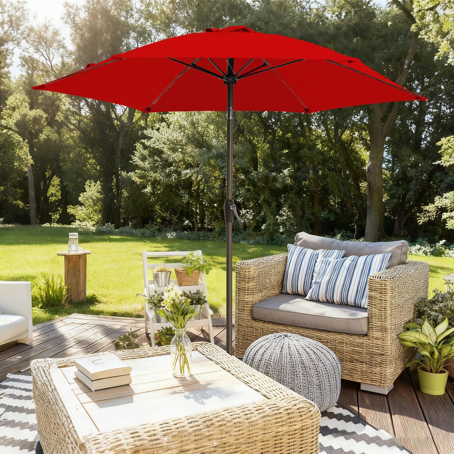 GREFORG 7.5FT Large Outdoor Patio Umbrella with Crank & Tilt - Durable Market Umbrella for Outdoor Patio with 6 Fiberglass Ribs for Poolside,Deck,Yard,Garden,Red