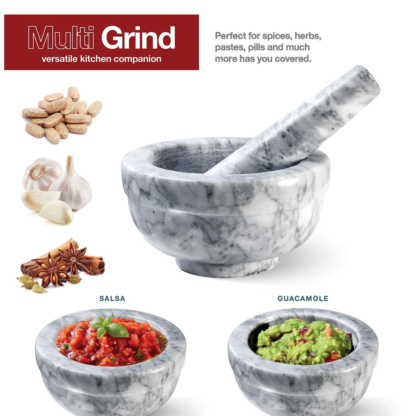 Sagler Mortar and Pestle Set - Small Grinding Bowl Container for Guacamole, Spices, Salsa, Pesto, Herbs - Best Mortar and Pestle Spice and Pills Crusher Set, Holds Up to 3 Oz (4.5 x 2 Inch)