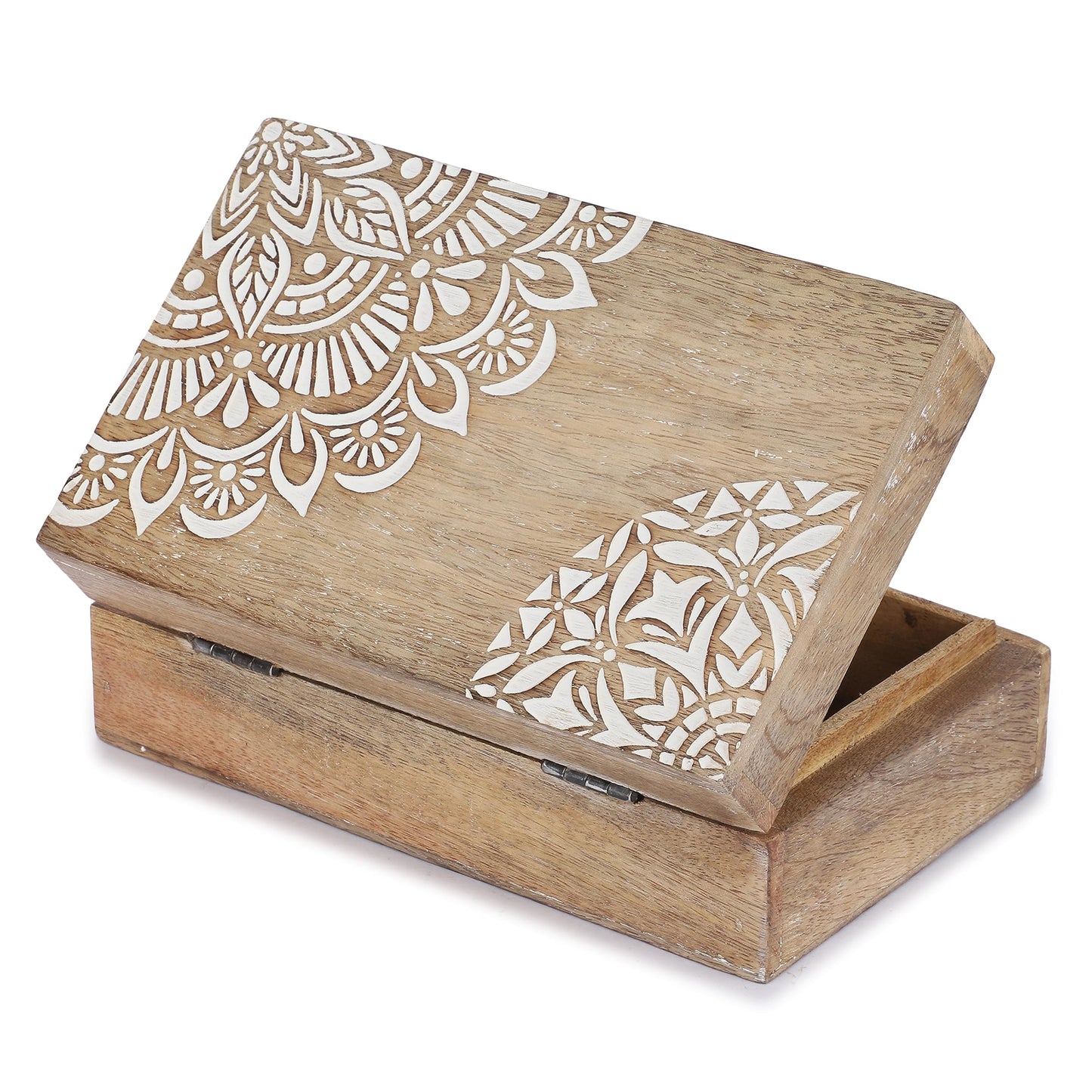 Ajuny Wooden Handmade Decorative Jewelry Storage Box Corner Flower Design Multipurpose Treasure Chest Keepsake Organizer Necklaces Bracelet Watch Boxes Gifts 8x5 Inch
