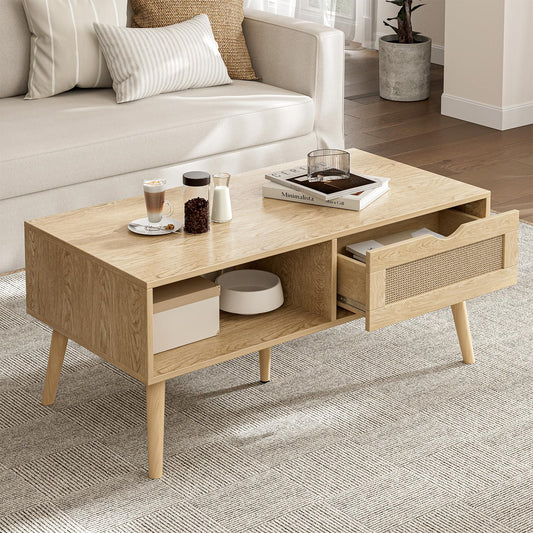 ZttRiee Coffee Table with Storage, Boho Dining Table with Rattan Drawer and Solid Wood Legs, Small Coffee Tables for Living Room, Oak