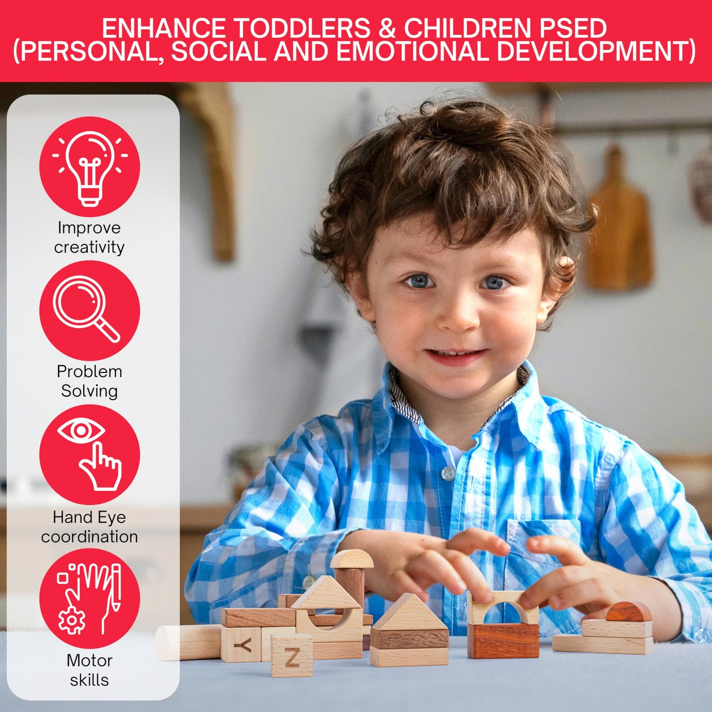 MOMOARI Alphabet Number Early Math Wooden Building Blocks Set - 86 Blocks in 6 Shapes with Wooden Storage Tray. Preschool Montessori Kids Toys. Stacking Learning Toys for Toddlers. Age 3 Years +