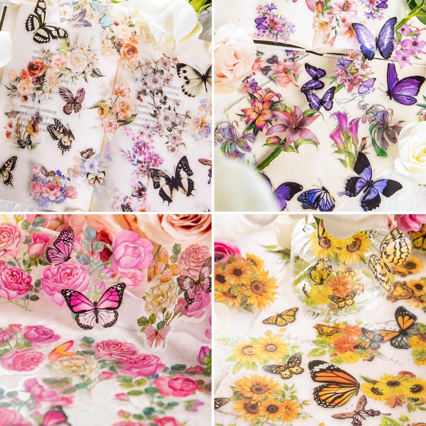 Knaid 300 Pieces Assorted Butterfly and Flower Stickers, Transparent Butterflies Floral Resin Decals Aesthetic Journaling Scrapbook Stickers for Card Making Bullet Junk Journal Planner Craft Supplies