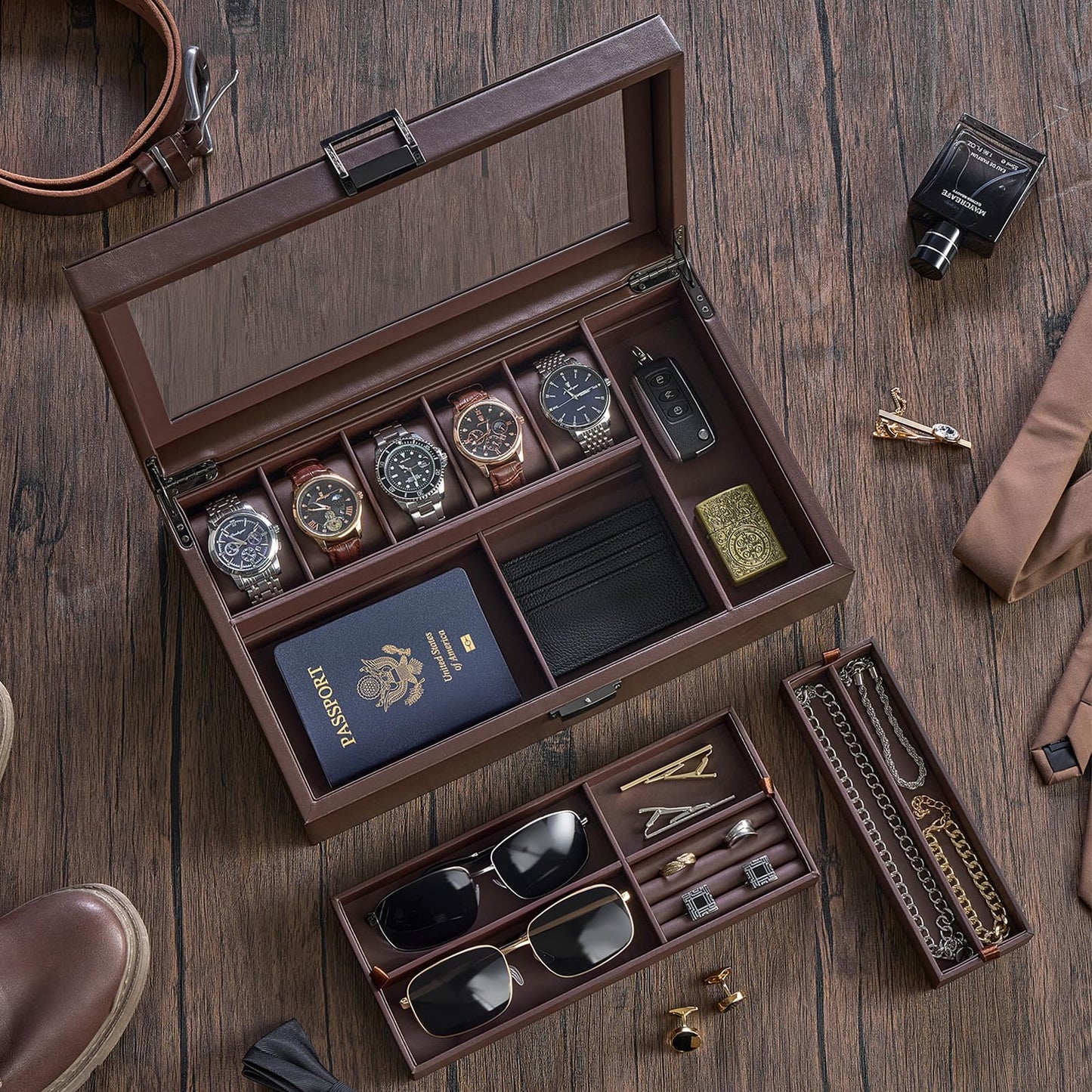 ProCase Men's Jewelry Box, 5-Slot Wood Watch Display Case Jewellry Storage Organizer for Sunglasses Rings Accessories with Hidden Compartment, Watch Holder with Glass Lid, Gift for Men -Espresso