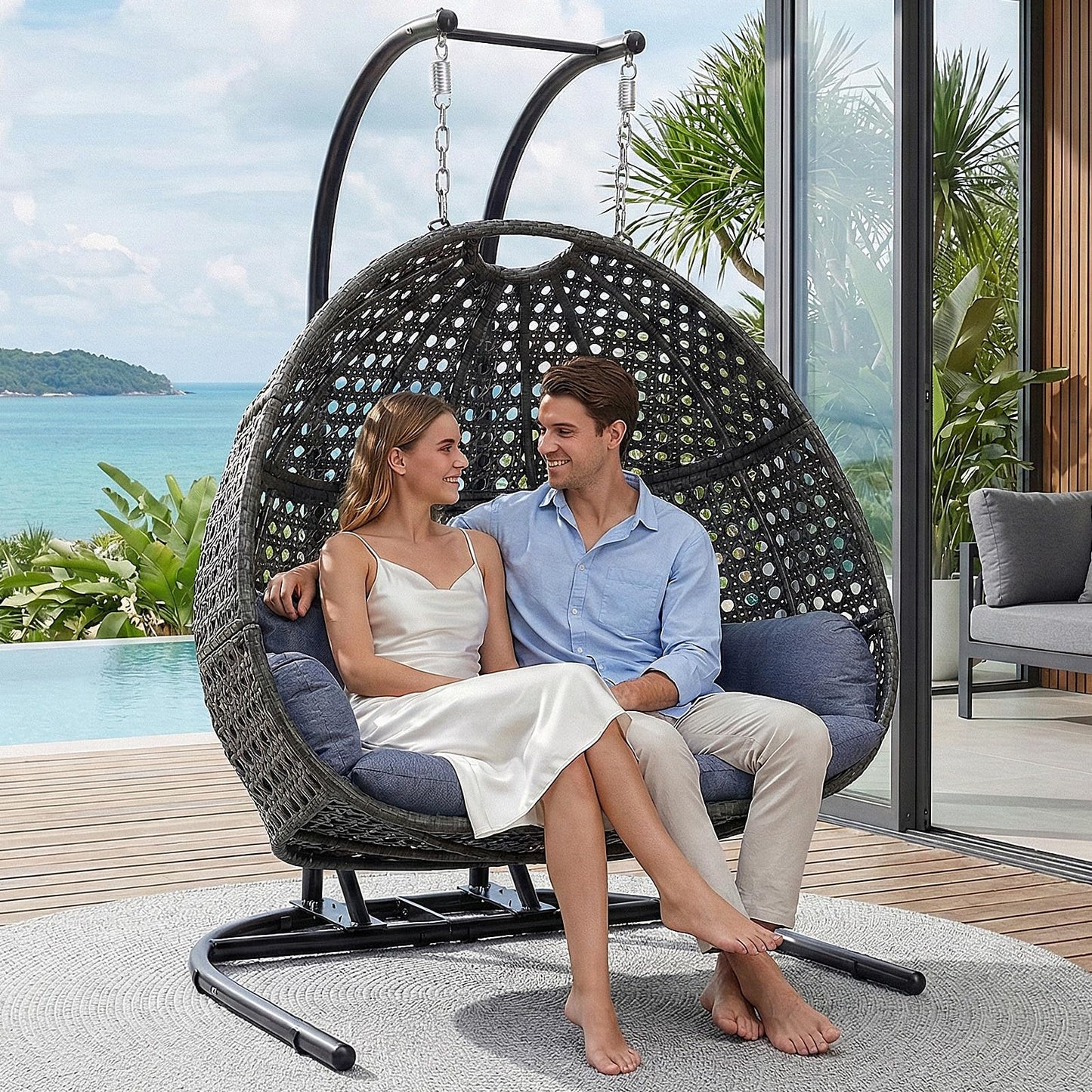 DREAM YOUNG 2 Person Egg Chair with Stand, Oversized Wicker Hanging Loveseat, Heavy-Duty Steel Frame, Extra-Thick Cushion, Rain Cover Included, All-Weather Indoor Outdoor Patio Swing Chair, Dark Grey