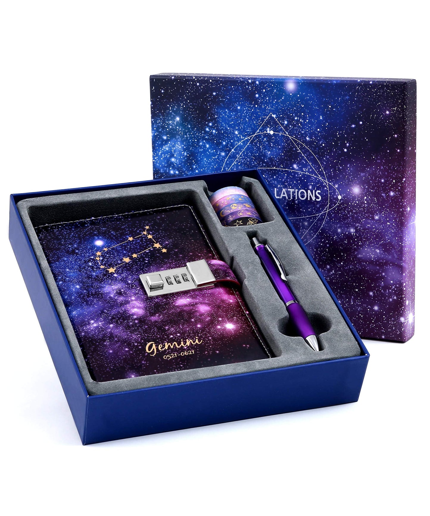 CAGIE Starry Constellation Lock Diary Set Gift Box with Pen & Tapes Secret Diary with Lock for Kids Girls Women Purple Journal Kit with Lock for Anniversary Birthday Holiday（Gemini）