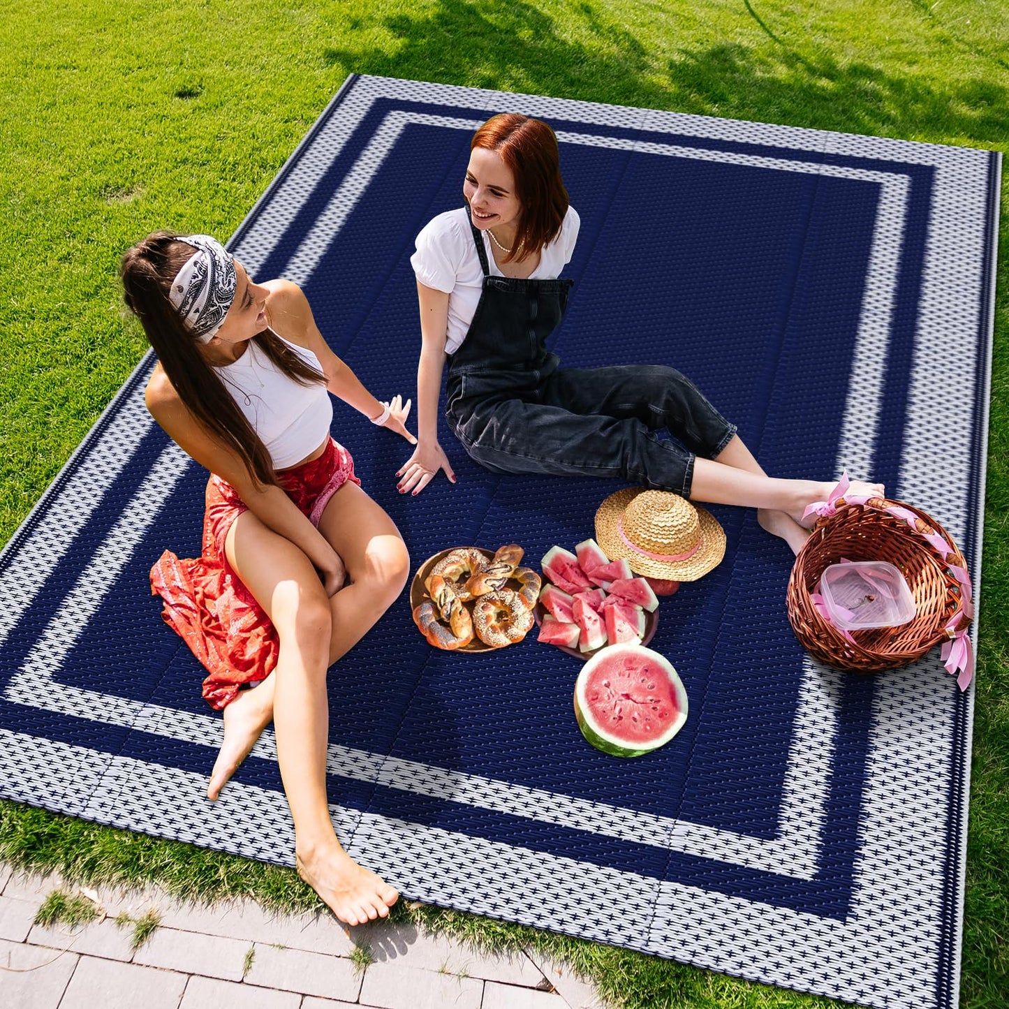 KMAT Outdoor Rug, Waterproof Reversible Patio Rugs, 8x10ft Large Outdoor Area Rug Foldable Plastic Camping Rugs for Outside RV, Patio,Picnic,Camper,Balcony,Porch (Blue &White)
