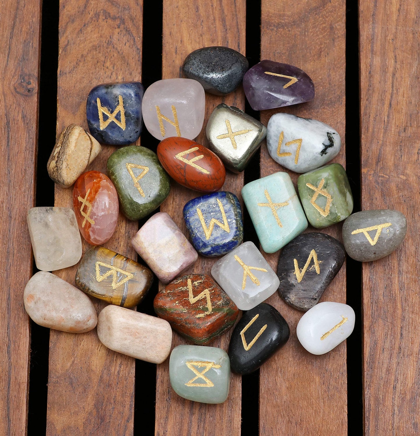 Crocon Rune Stones Sets 25 pcs Mix Chakra for Beginners with Elder Futhark Alphabets for Healing Chakra Crystals Reiki feng Shui Gemstone Runes Set Size: 15-20 mm with a Pouch & Rune brochure