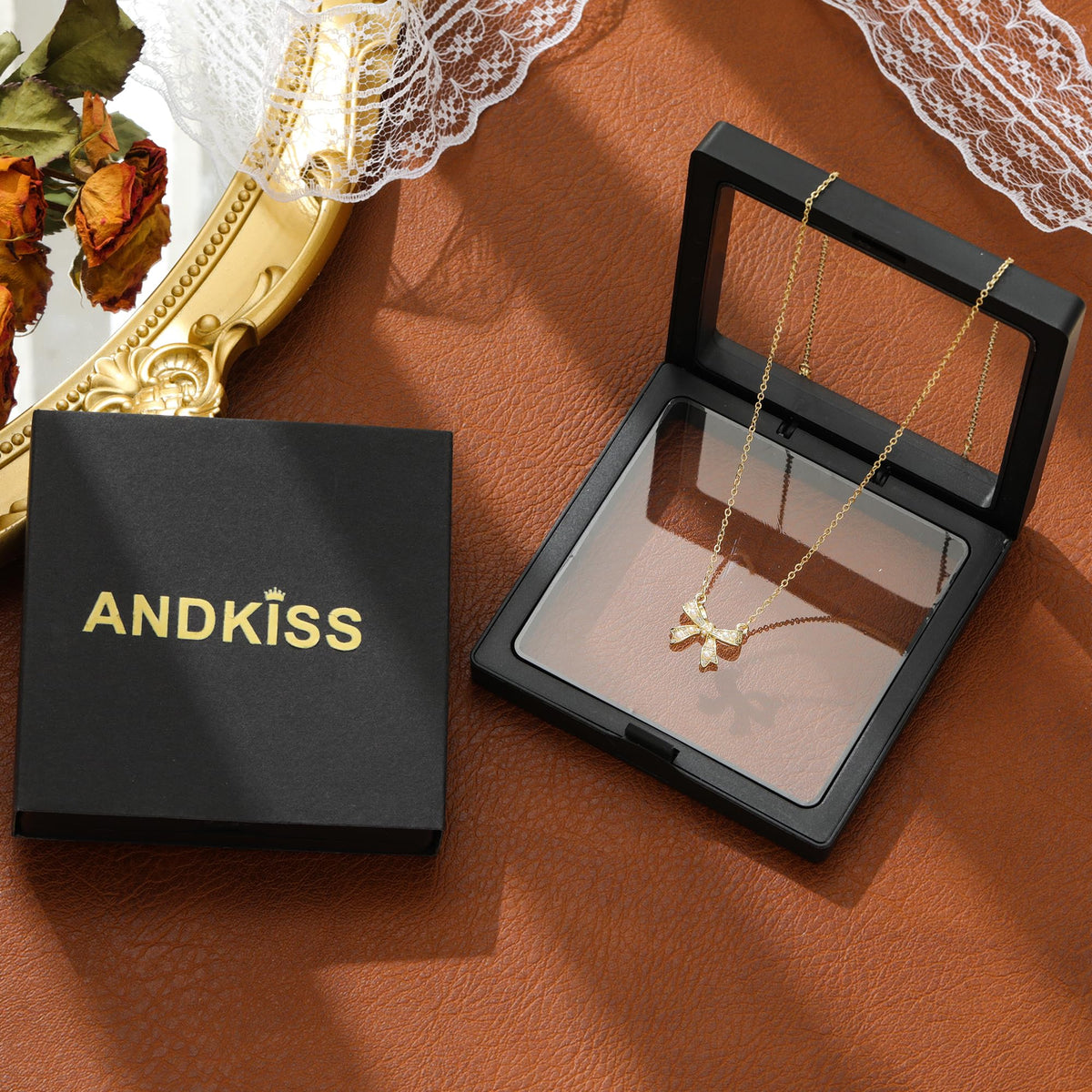 ANDKISS Bows Pendant Necklaces for Women - Dainty Necklace 14k Gold Plated Necklace Simple Gold Charm Jewelry For Women (Bow-1)