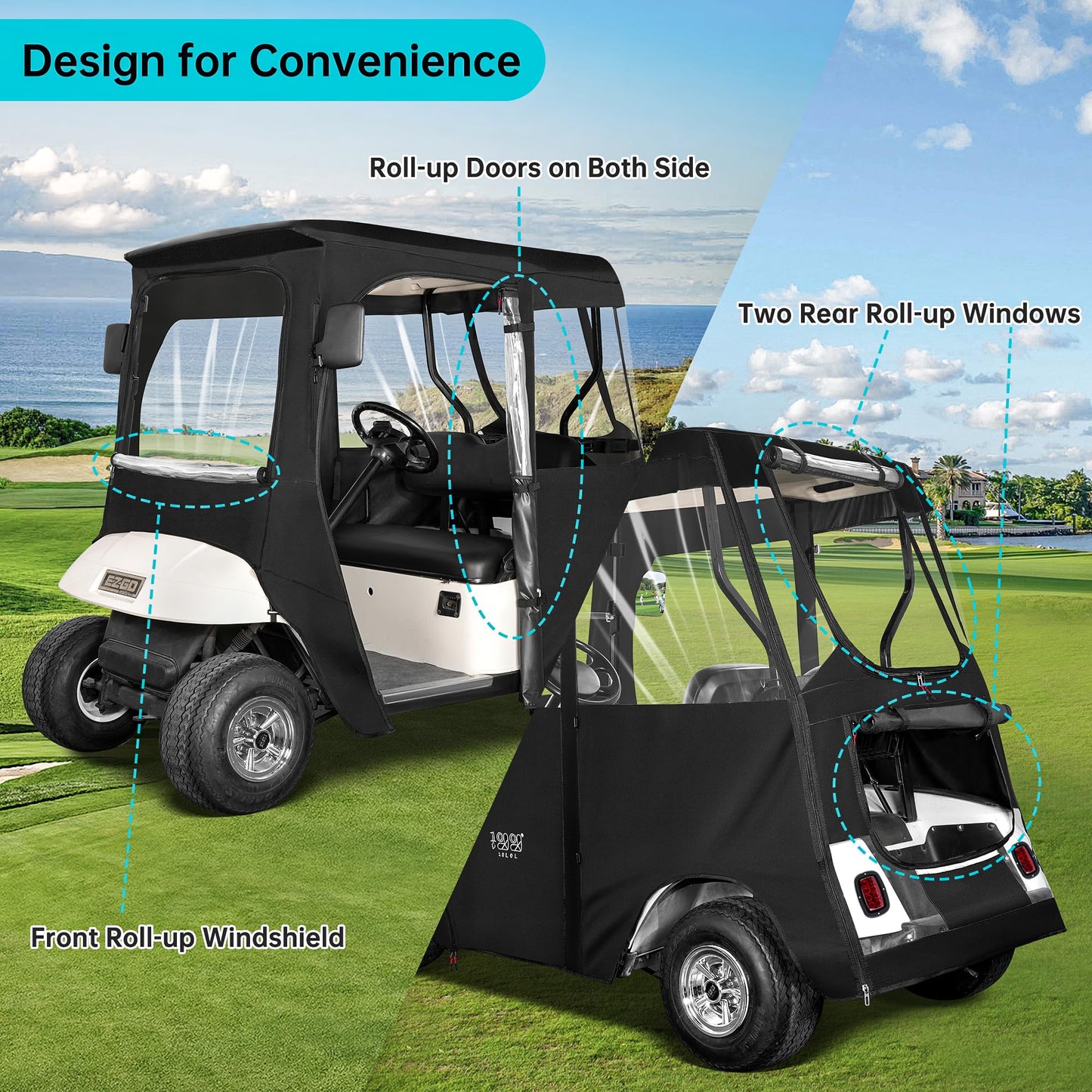 10L0L 2 Passenger Deluxe Golf Cart Driving Enclosure for EZGO TXT and RXV Model, 4-Sided Clear Window 600D Rain Cover All Weather Windproof Waterproof