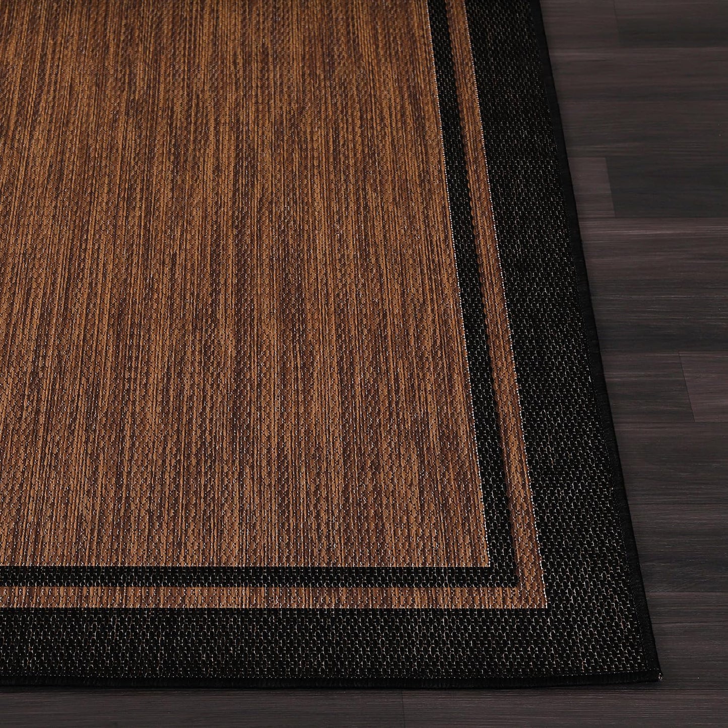 CAMILSON Indoor Outdoor Rug, 8x10 Bordered Nut Brown Black Modern Area Rugs for Indoor and Outdoor Patios, Kitchen and Hallway Mats, Washable Porch Deck Outside Carpet (Bordered Nut Brown, 8 x 10)