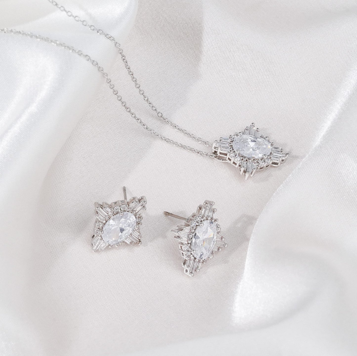 HOPE LOVE SHINE Simple Bridal Jewelry Set For Wedding Silver Bridal Party Bridesmaids Necklace And Earrings Set Vintage Inspired Single Baguette Cut Diamond Crystal Drop