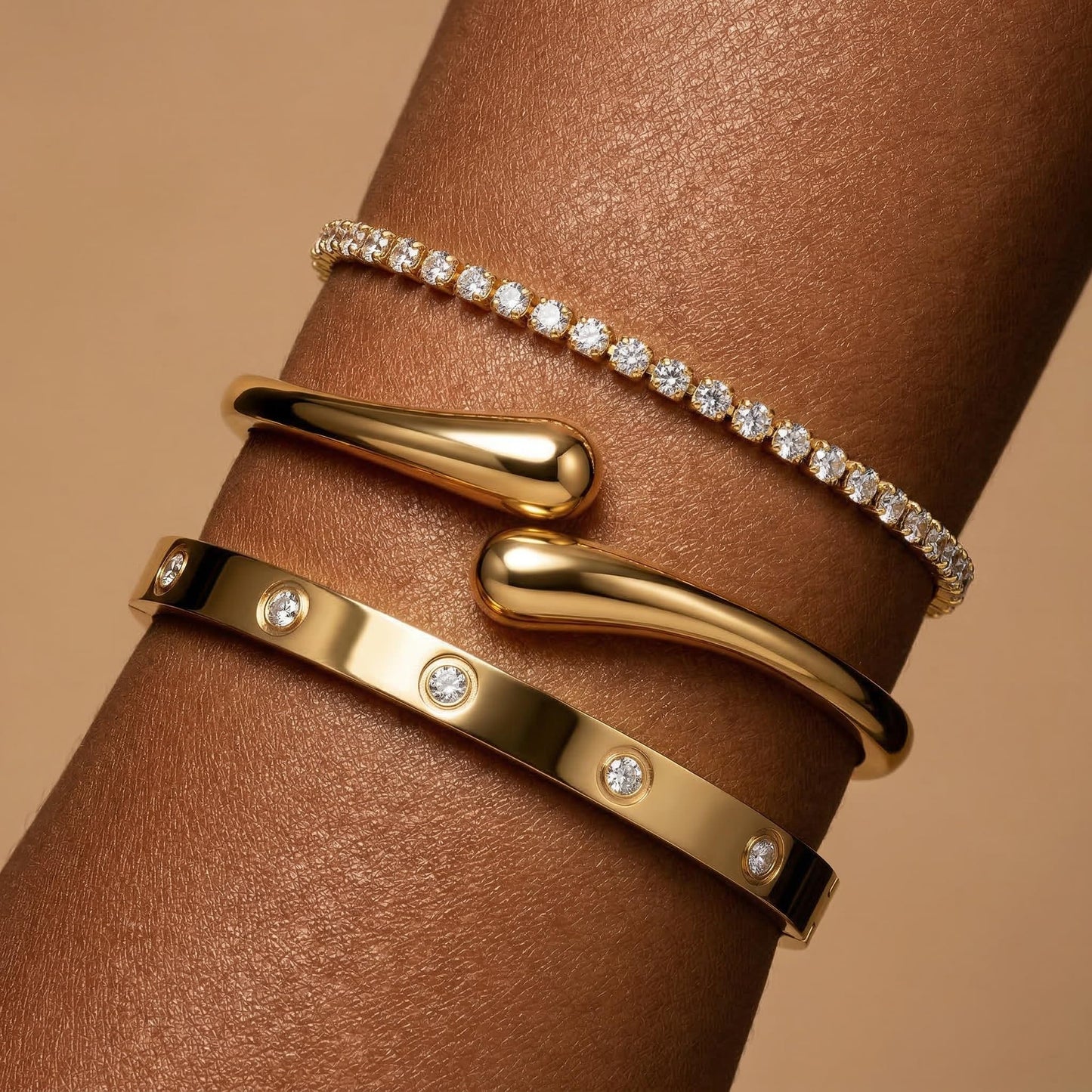Mothers Day Gifts for Mom 18K Gold-Plated Bracelet Set – Floral Clover, Tennis, Chunky Adjustable Twist Cuff, Classic Gold-plated Bangle Stainless Steel, Non Tarnish, Stackable Bracelet Gift for Women