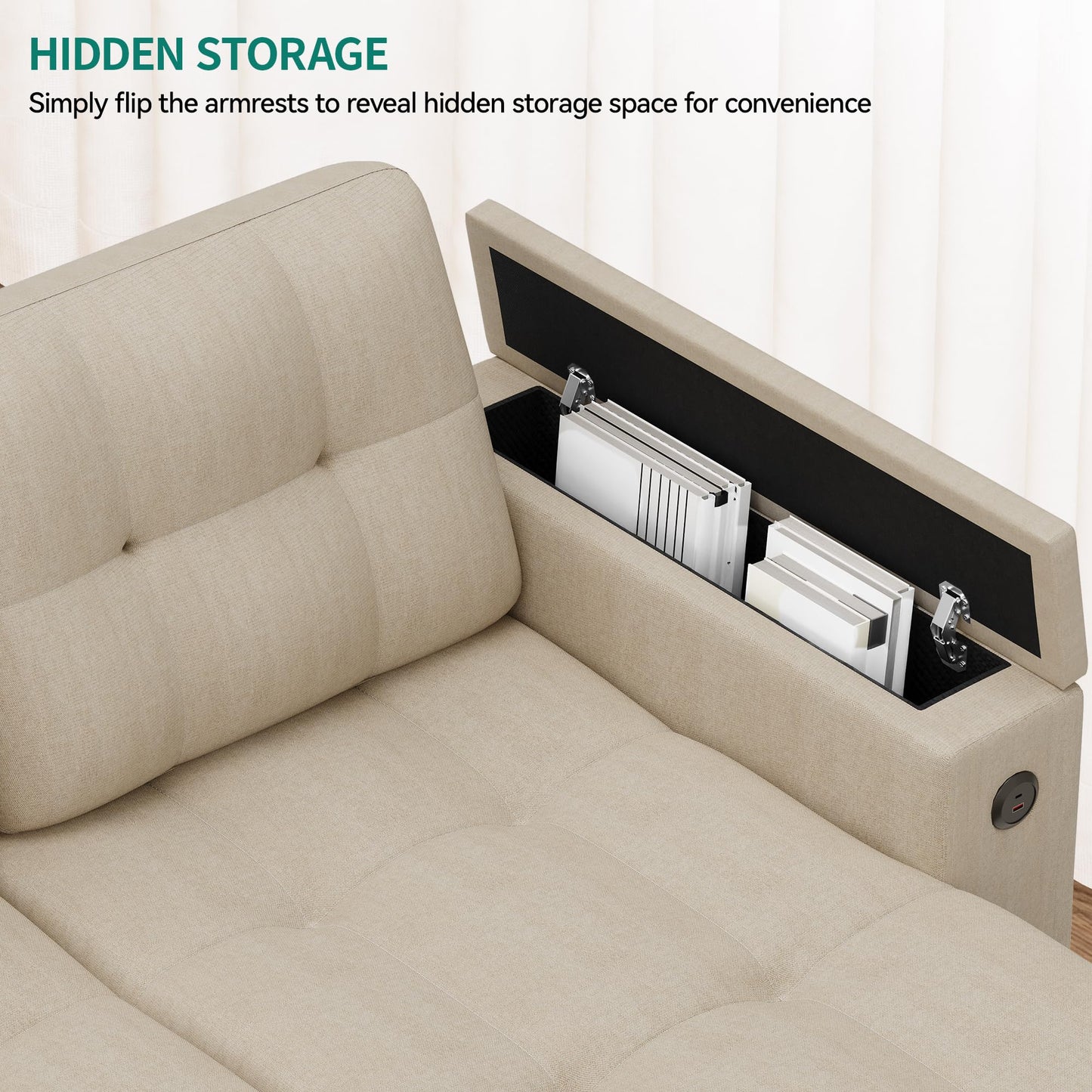 YITAHOME Sleeper Sofa, L-Shaped Sofa Couch Bed with Storage Chaise & USB, Reversible Sleeper with Pull Out Bed, 4-Seat Fabric Convertible Sofa, 2-in-1 Pull Out for Living Room, Beige