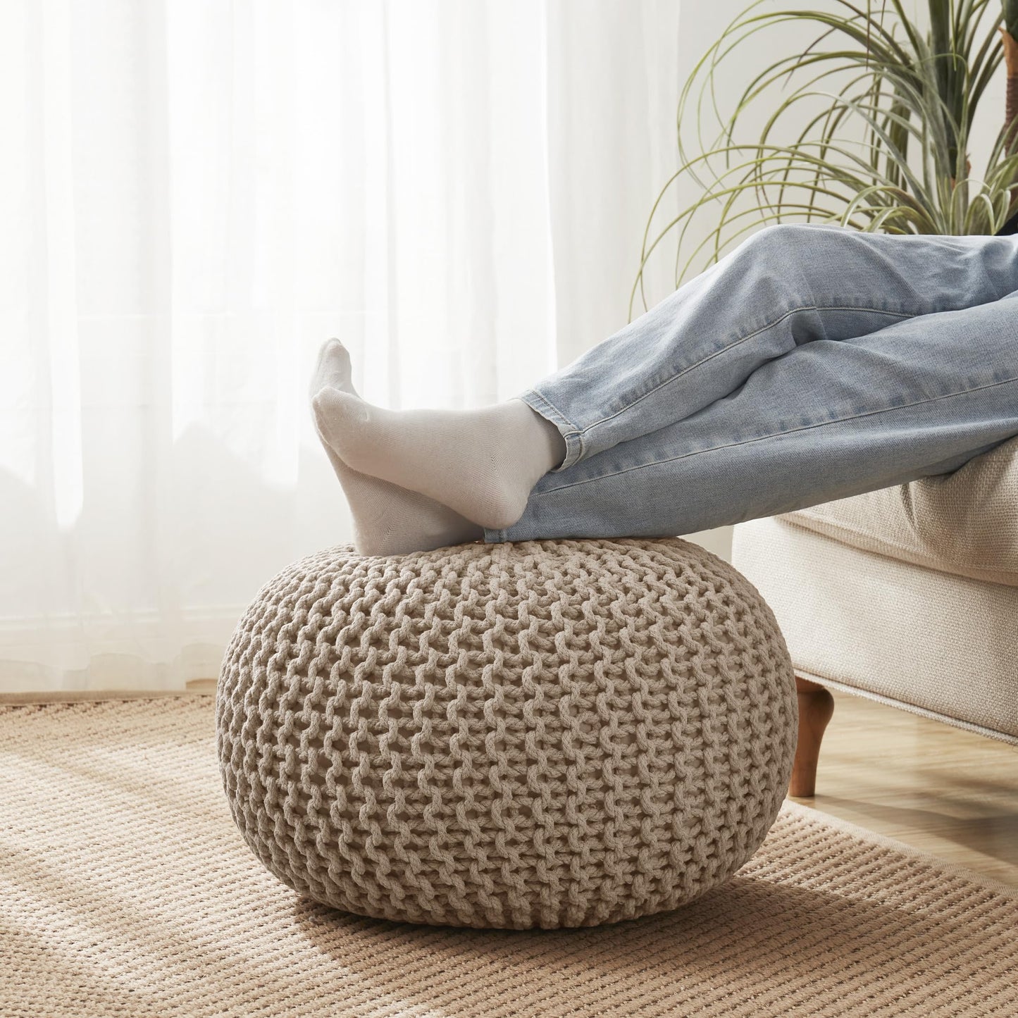 Pouf Ottoman Foot Rest Stuffed – 20” Diameter x 14” Tall Cozy Floor Pouf for Living Room, Bedroom, Nursery & More – 100% Cotton Knit Shell, EPS Bead Filled Footrest & Accent Chair, Beige