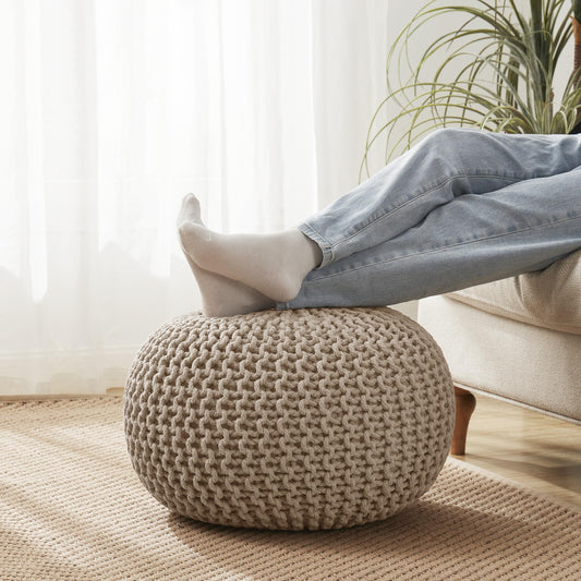 Pouf Ottoman Foot Rest Stuffed – 20” Diameter x 14” Tall Cozy Floor Pouf for Living Room, Bedroom, Nursery & More – 100% Cotton Knit Shell, EPS Bead Filled Footrest & Accent Chair, Beige
