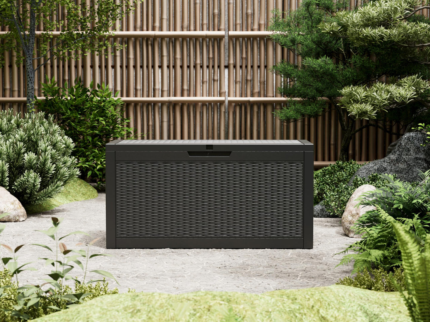 WTFGO 72 Gallon Outdoor Storage Box, Resin Deck Boxes Outdoor Waterproof For Patio Furniture, Garden Tools, Pool Supplies, Lockable And UV Resistant (Rattan Black)