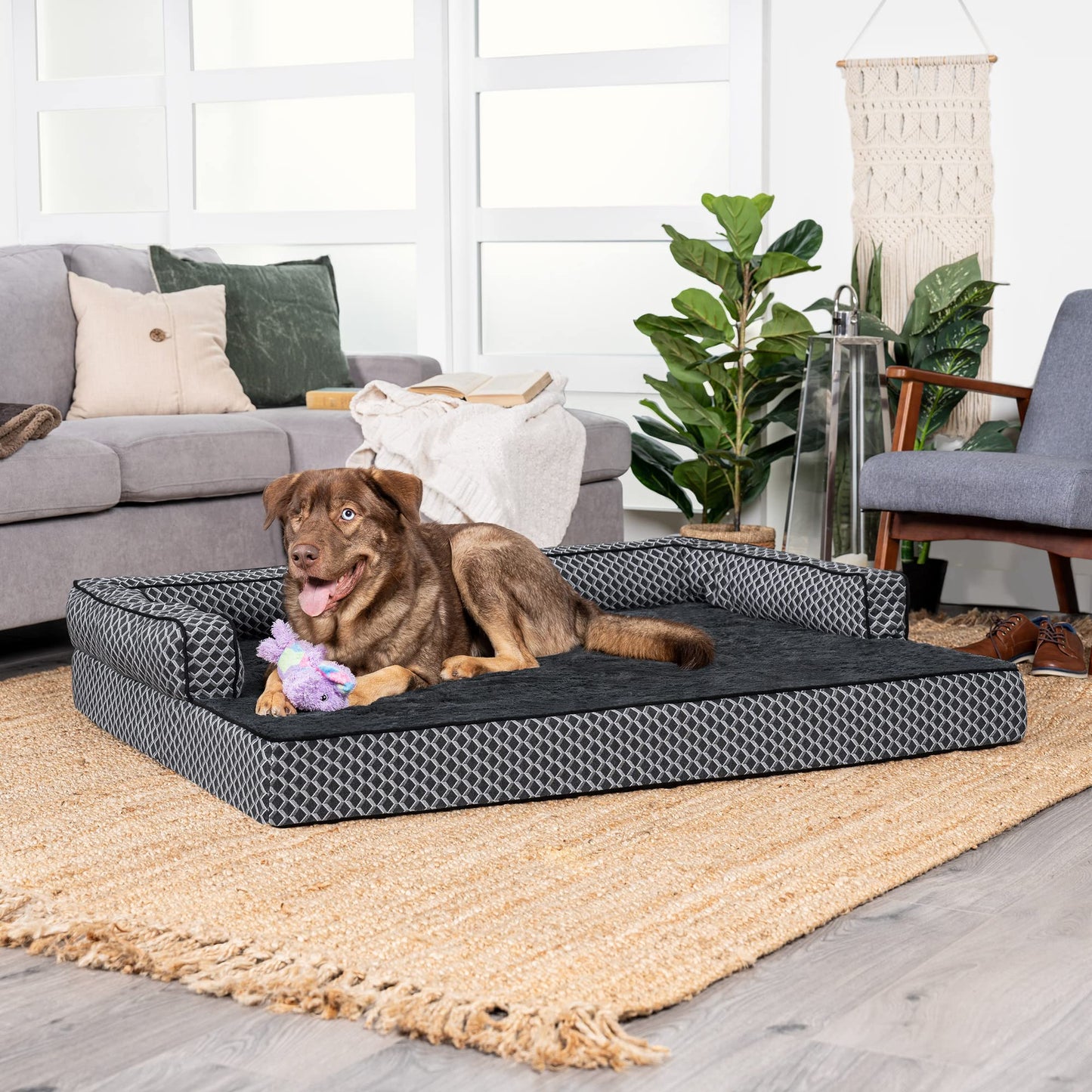 Furhaven Orthopedic Dog Bed for Large Dogs w/ Removable Bolsters & Washable Cover, For Dogs Up to 125 lbs - Plush & Woven Decor Comfy Couch Sofa - Diamond Gray, Jumbo Plus/XXL