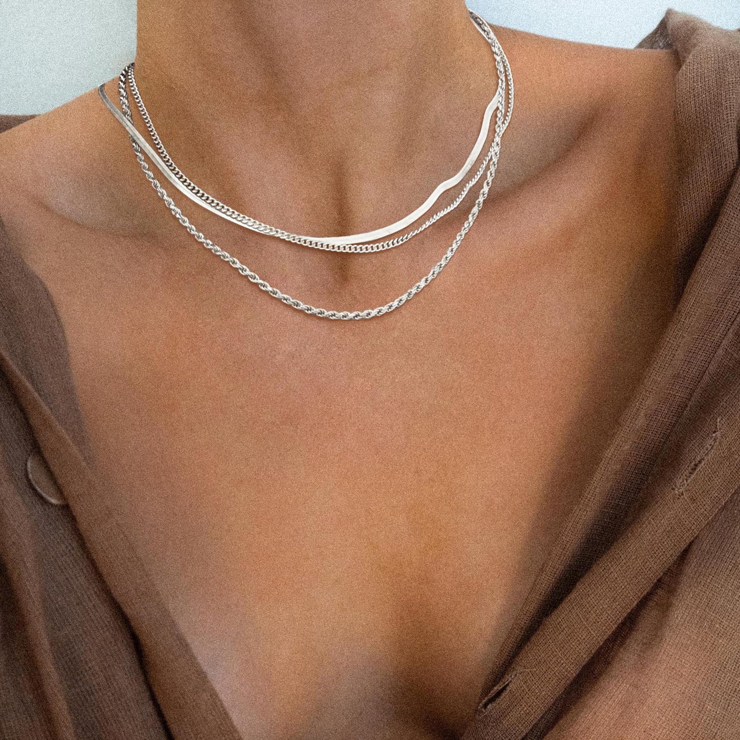 Freekiss Silver Herringbone Necklace for Women, Layered 925 Sterling Silver Necklace for Women Simple Dainty Cuban Rope Snake Link Chain Necklace Set Chunky Choker Silver Womens Jewelry Gifts