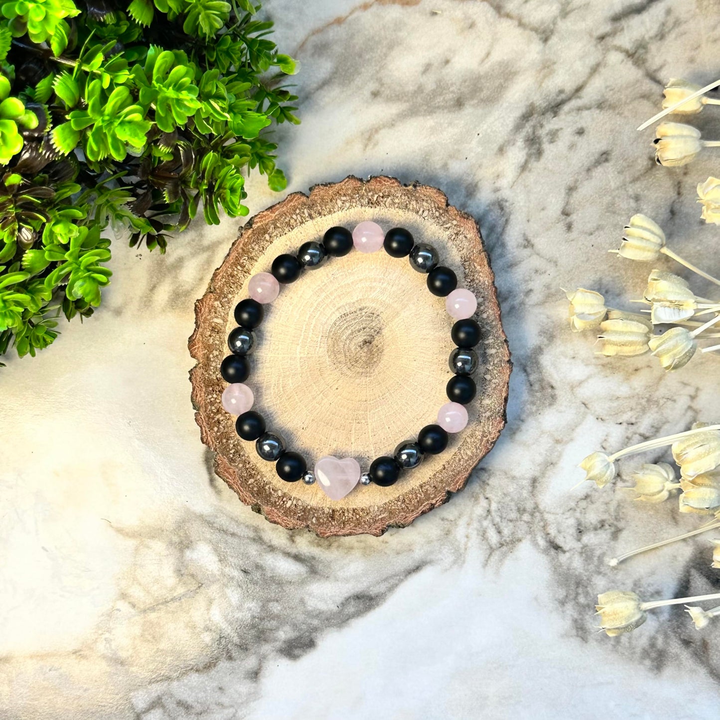 TUBIANCA Rose Quartz Bracelet – Heart Crystal with Hematite & Onyx for Love, Healing & Emotional Balance – Handmade Stretch Bracelet for Women & Men – Spiritual Gift for Inner Peace
