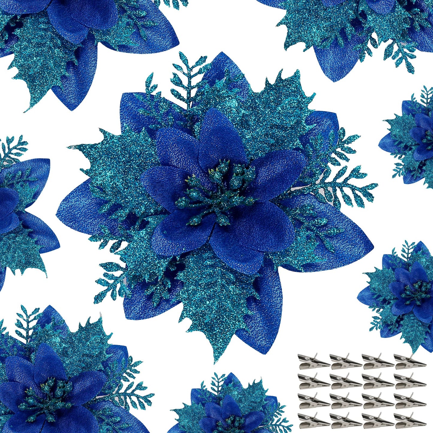 Childom 15 PCS Blue Poinsettia Flower Artificial Poinsettias with Clips Christmas Decorations Glitter Poinsettia Christmas Ornaments Xmas Tree Flowers with Stems DIY Xmas Wreath Holiday Party Decors