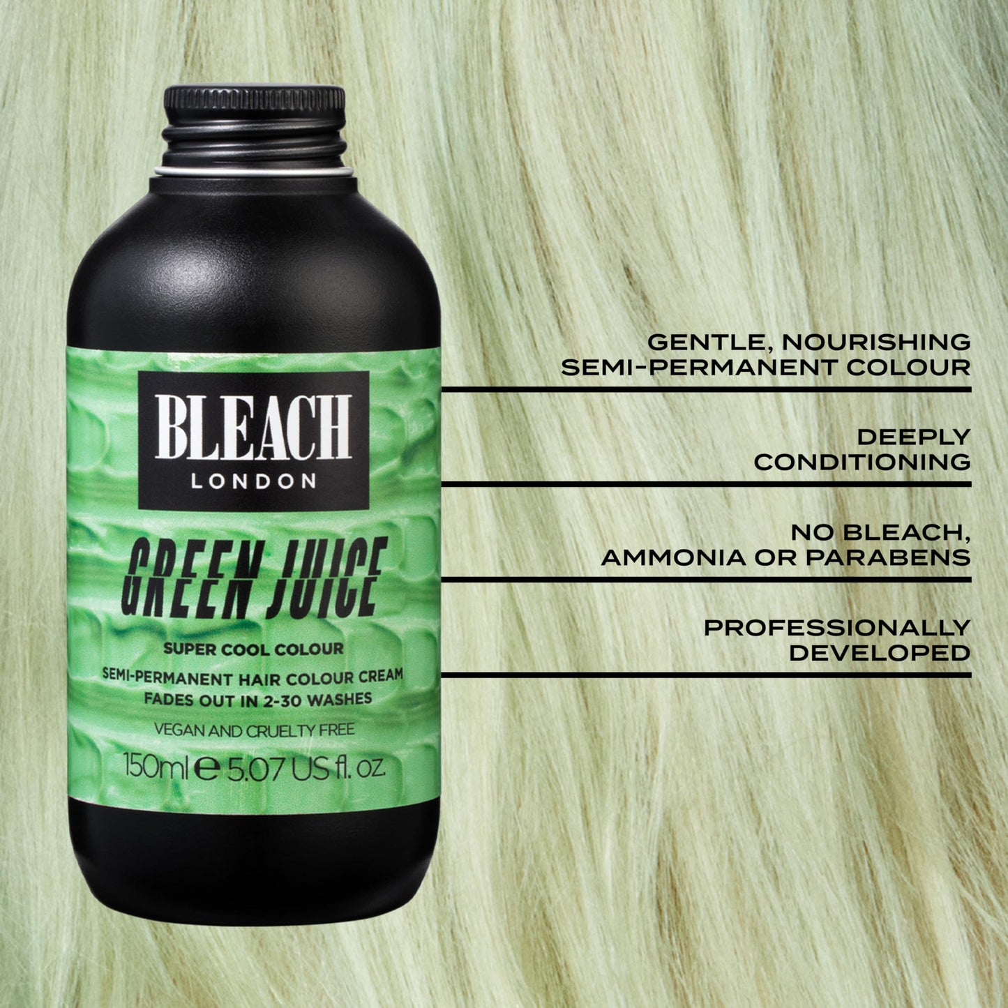 Bleach London Green Juice Semi-Permanent Hair Colour Cream - Pale Green, Vegan, Cruelty Free, Vibrant Temporary Dye 150 ml