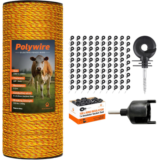 Pet & Livestock HQ - 3280ft Electric Polywire Fence with 100 Insulators - 2 Product Bundle