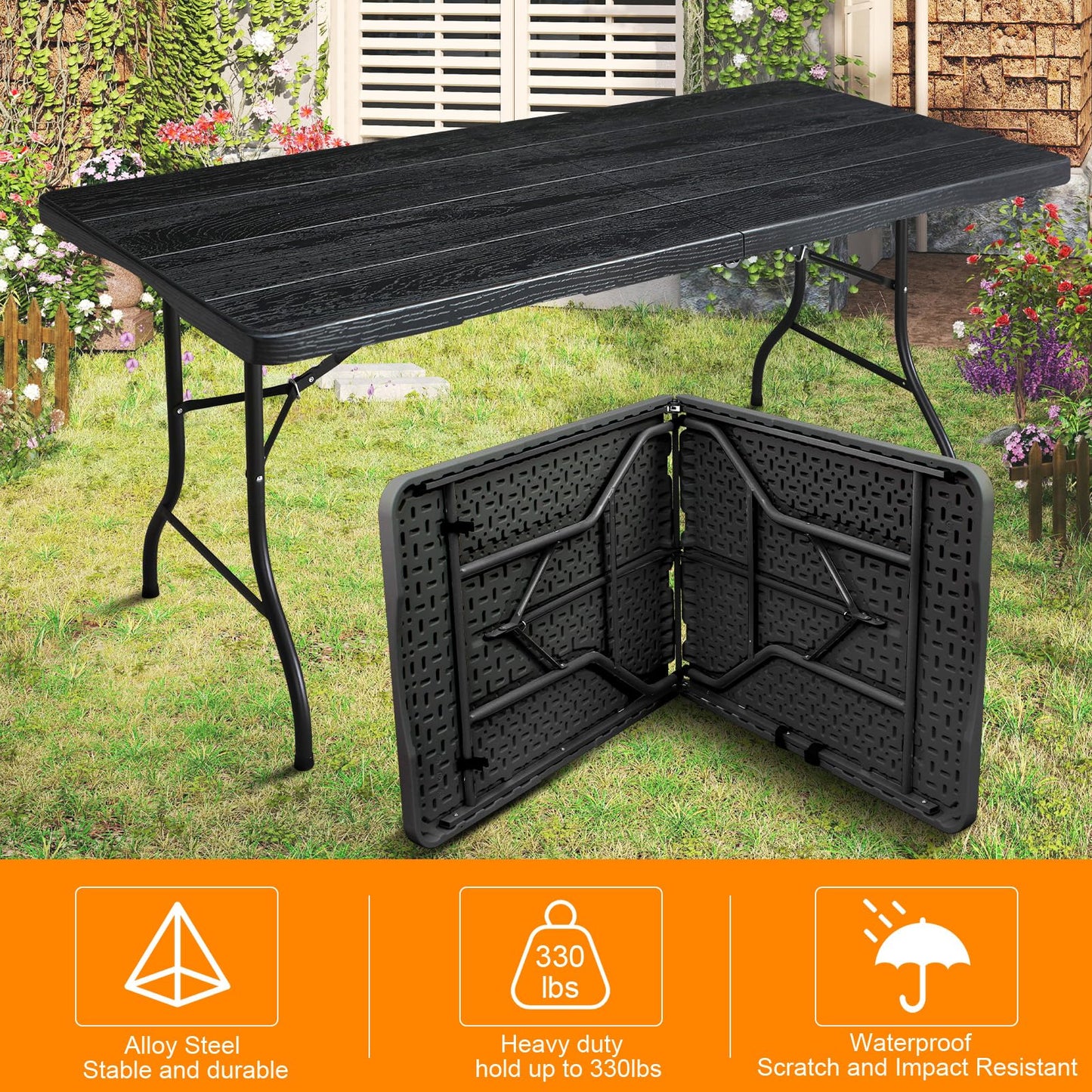 FROASISPRO 6ft Folding Table, Portable Heavy Duty Plastic Fold-in-Half Utility Table for Indoor/Outdoor Use, Dining, Camping, Picnic, Party, Black Woodgrain