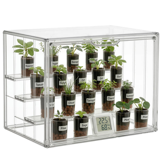 HBlife Mini Greenhouse for Indoor, Clear Stackable Green House with Magnetic Door & Adjustable Drainage Dividers, Tabletop Portable Greenhouse for Small Plants Nursery Germination and Display, 1 Pack
