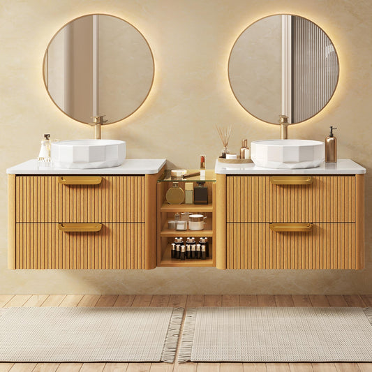 YITAHOME 72 Inch Floating Bathroom Vanity with 2 Faceted Ceramic Basins, Wall-Mounted Vanity with Engineered White Stone Top, 4 Large Storage Drawers & 4 Open Spaces, Wood Grain Texture, Light Walnut