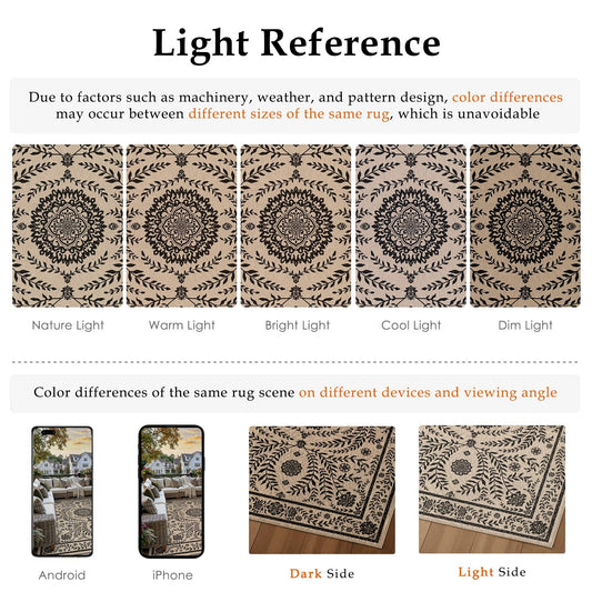 HUGEAR 5x7 Vintage Jute Indoor Outdoor Rug Washable Linen Textured Weave High Traffic Stain Resistant Non Slip Durable Carpet for Livingroom Patio Deck Balcony Courtyard (Floral Black, 5' x 7')