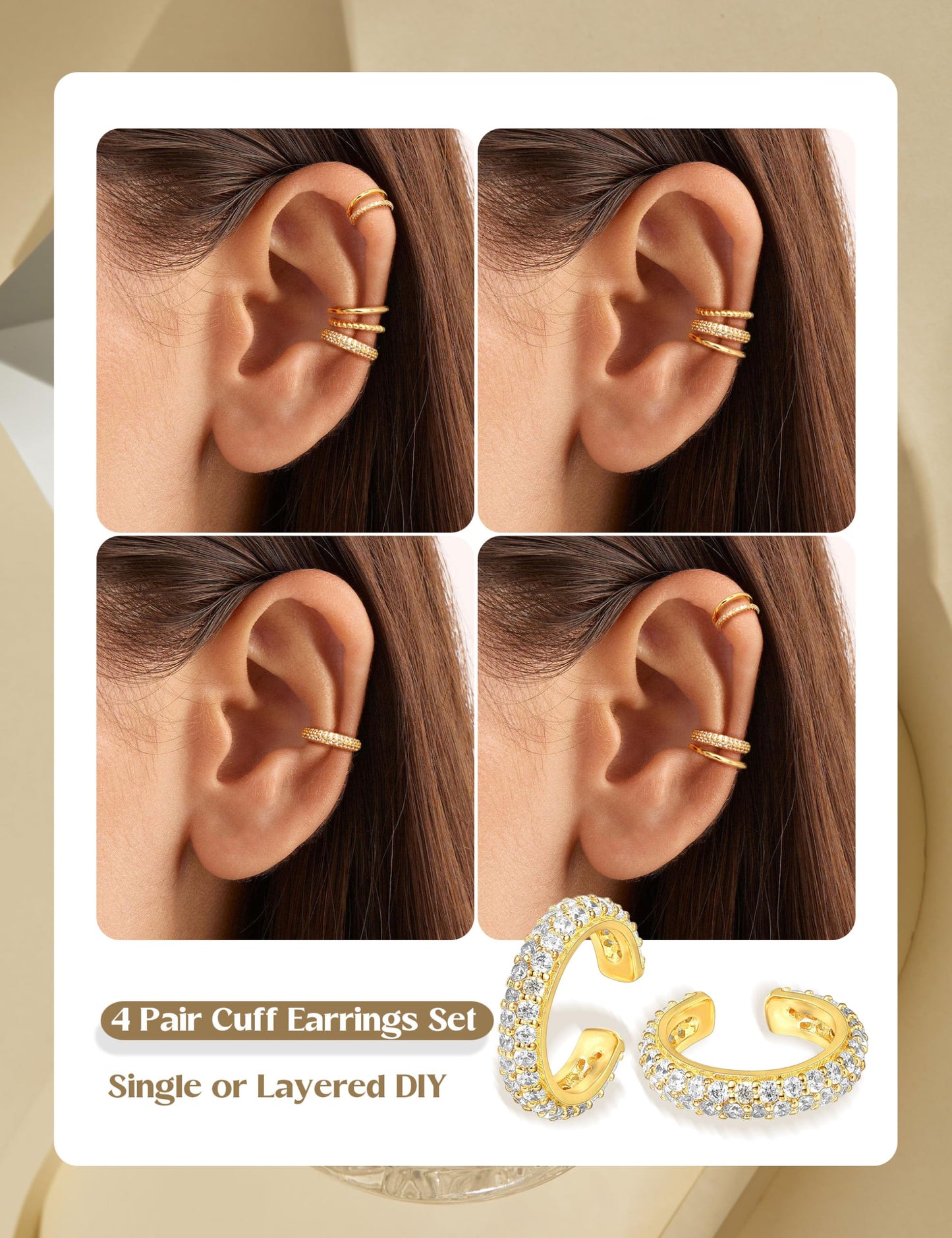 LOLIAS 4 Pairs Ear Cuffs Non Piercing - 14K gold plated Ear Cuff Earrings for Women Ear Cuff for Non Pierced Ears Clip on Cartilage Earring Double Adjustable Fake Earrings Set