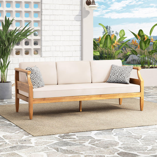 Christopher Knight Home Aston Outdoor 3 Seater Sofa, Upholstered Cushion Couch, Acacia Wood Bench Sofa, Slat Armchair, 73.25" W Spacious Seating Bench Couch for Gardern Porch Balcony, Teak+Beige