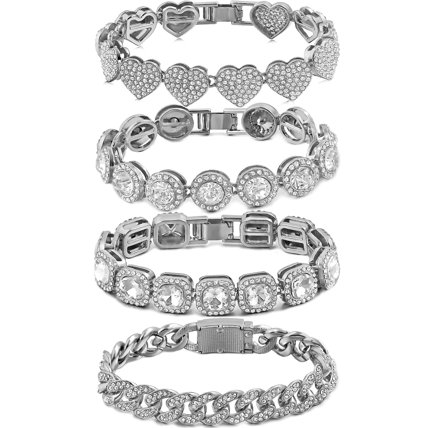 shopbyskyler 4PCS Gold Silver Bracelets for Women Diamond Cuban Bracelet Layered Link Bracelet Set Fashion Jewelry (Silver, 8inch)