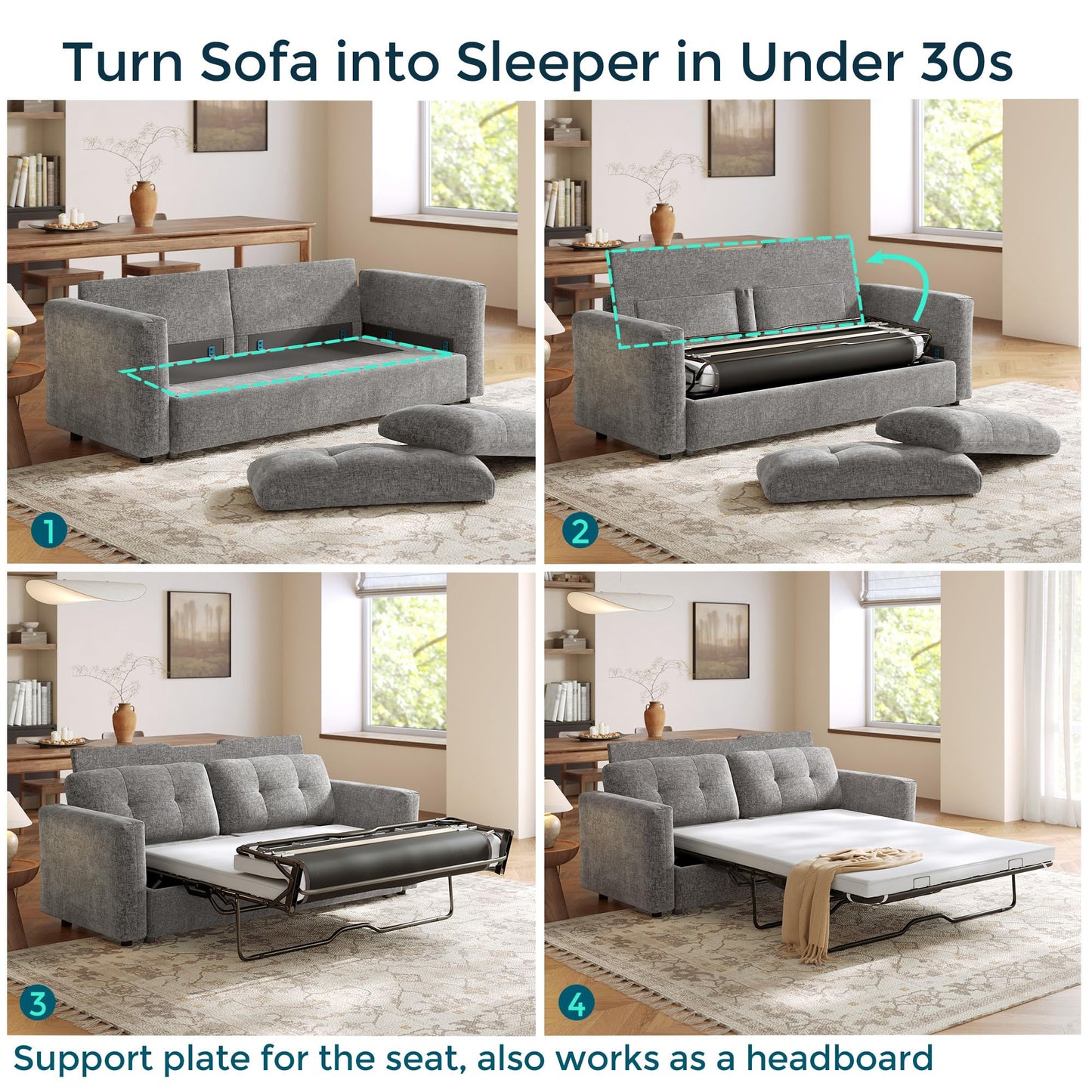 LINSY 84" Oversized Loveseat Sofa with Pull Out Bed, 2 Seater Sleeper Sofa Bed with Memory Foam Topper, Cozy Chenille Convertible Couch for Living Room, Apartment, Grey